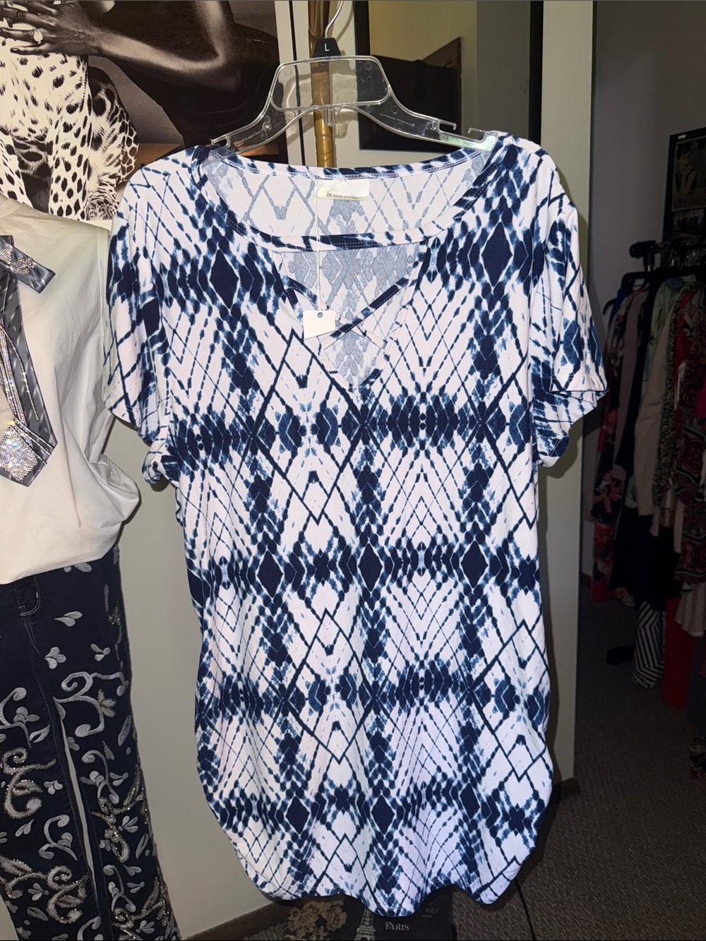 Women's Navy Tie-Dye Short Sleeve V-Neck Dress